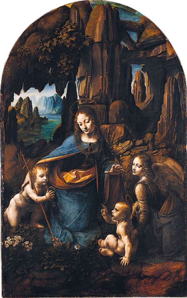 London National Gallery Top 20 05 Leonardo da Vinci - The Virgin Of The Rocks Leonardo da Vinci - The Virgin of the Rocks, 1508, 190 x 120 cm. Placing the Virgin Mary and the Christ child in a rocky cave was quite unconventional and controversial. The Virgin Mary, the Angel Uriel, Christ, and John the Baptist all form a triangle, each person somehow connected to the next. The Virgin Mary has her left hand extended carefully over the head of Christ, while Uriel is gently propping him up. At the same time, she is delicately pointing to John. The plants within the dark cavern symbolize the fertility and life that Mary represents, while the white flowers symbolize her purity. Leonardo's delicate use of colour and sfumato are beautiful examples of his advanced understanding of distance and depth. The artists Milanese clients must have worried about confusing the two infants, for a later hand has given John an identifying scroll and a cross clumsily rooted in one of Leonardos exquisite studies of plants.